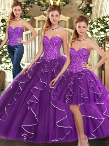 Tres piezas dulce 16 vestido berenjena púrpura amor organza sin mangas piso longitud encaje hasta