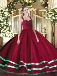 Vestidos de gala elegantes Vestido de cumpleaños número 15 Correas rojas Organza Sin mangas Largo del piso Cremallera