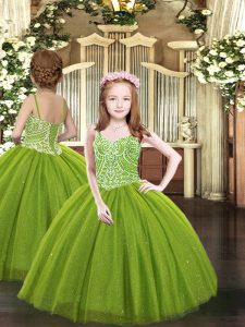 Nuevo estilo sin mangas hasta el suelo rebordear con cordones vestidos de desfile de chicas con verde oliva