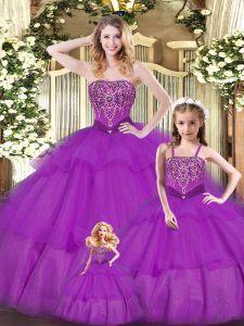 Noble púrpura organza sin mangas con cordones dulce 16 vestido de quinceañera para bola militar y dulce 16 y quinceañera