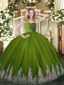 Delicada longitud del piso sin mangas de encaje y apliques con cremallera vestidos de quinceañera con verde oliva