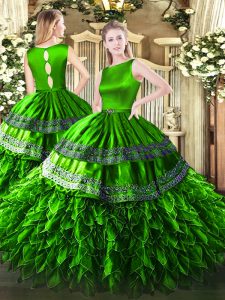Último piso longitud vestidos de bola sin mangas verde quinceañera corchete manija