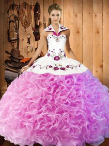 Encantadora rosa rosa con cordones dulce 16 vestido de quinceañera bordado longitud del piso sin mangas