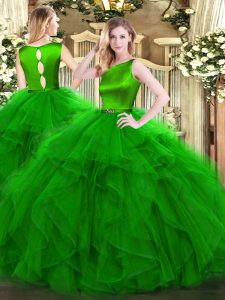 Vestidos de bola verde primicia longitud del piso de organza sin mangas broche asa volantes vestidos de quinceañera