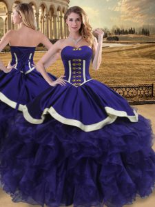 Romántico amor púrpura escote abalorios y volantes vestido de fiesta vestido de fiesta sin mangas con cordones