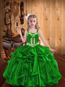 Organza verde con cordones para niños ropa formal sin mangas hasta el suelo bordado y volantes