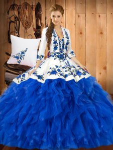 Sexy novia azul con cordones volantes dulce 16 vestido sin mangas
