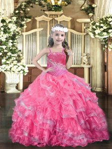 Encantadores vestidos de gala para niños vestido de color rosa intenso correas de organza sin mangas hasta el suelo con cordones