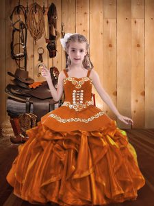 Vestidos de bola naranjas correas de organza sin mangas bordados y volantes hasta el suelo encaje hasta los vestidos del desfile para niñas