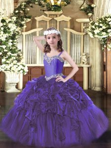 Palabra de longitud púrpura niña vestido de desfile correas sin mangas con cordones