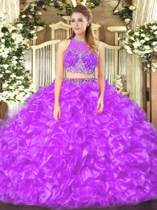 Lujosa organza sin mangas hasta el suelo con cremallera vestido de quinceañera en color lila con abalorios y volantes
