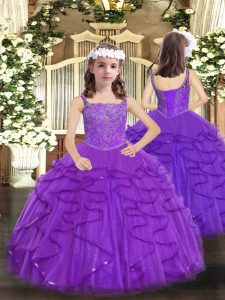 Increíble, sin mangas hasta el suelo, abalorios y volantes, hasta los vestidos de desfile para niñas con púrpura