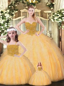 vestidos de bola de oro con cuentas 15 vestido de quinceañera con cordones de tul sin mangas hasta el suelo