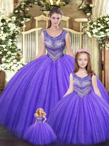 Vestidos de fiesta adorables vestido de quinceañera berenjena cucharada púrpura tul longitud del piso sin mangas con cordones