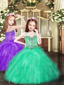 Elegantes vestidos de bola color turquesa con abalorios y volantes niñas vestido de fiesta de encaje hasta el momento sin mangas hasta el suelo