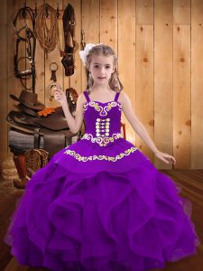 Berenjena púrpura bordado sin mangas y volantes hasta el suelo vestidos de desfile para niñas