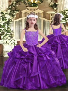 Berenjena púrpura y púrpura vestidos de bola correas sin mangas de organza hasta el suelo con cordones rebordear niñas vestido del desfile al por mayor