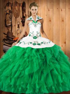 Fabuloso vestido sin mangas sin mangas 16 vestido largo bordado y volantes verde satinado y organza