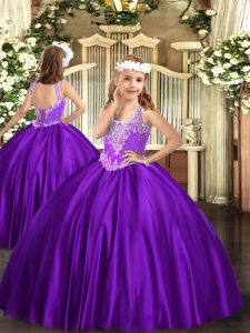Asequible púrpura con cordones con cuello en abalorios niños desfile vestido sin mangas
