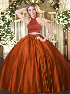 Fabuloso moho rojo vestidos de bola de tul halter sin mangas abalorios longitud del piso sin espalda vestidos de quinceañera