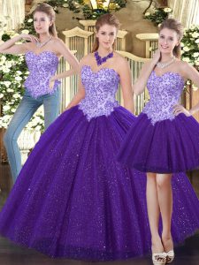 Exquisito vestido púrpura de quinceañera dulce 16, bola militar y dulce 16 y quinceañera con abalorios sin mangas y con cordones