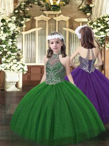 Perfecta longitud del piso verde oscuro niñas vestido del desfile vestido sin mangas sin mangas con cordones