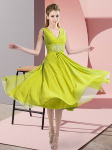 Venta caliente imperio damas vestido amarillo verde con cuello en v gasa sin mangas hasta la rodilla cremallera lateral