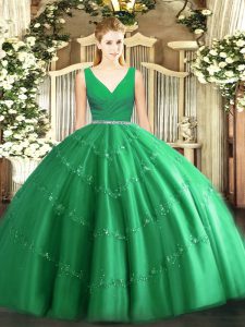 Fantástico cremallera verde 15 cumpleaños vestido rebordear longitud del piso sin mangas