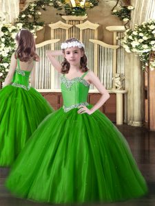 Exquisito correas verdes escote abalorios niña desfile vestido sin mangas con cordones