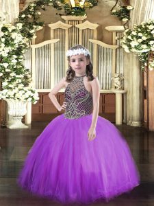 Berenjena moderna púrpura vestidos de bola abalorios niños ropa formal con cordones de tul longitud del piso sin mangas