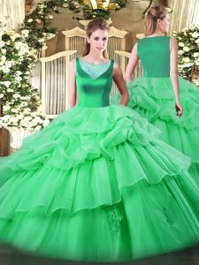 Escote redondo verde abalorios y apliques y recogidas vestidos de quinceañera cremallera lateral sin mangas