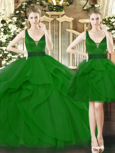Vestidos de bola verde tiras de tul rebordear sin mangas y volantes hasta el suelo con cordones dulce 16 vestidos