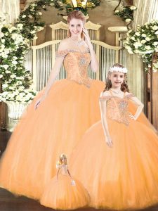 Fabuloso piso de longitud vestidos de bola sin mangas vestido de quinceañera naranja con cordones