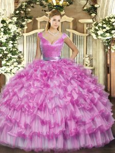 Elegante lila con cremallera con cuello en capas con volantes vestido de quinceañera organza sin mangas
