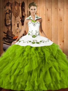 Fantásticos bordados sin mangas verde oliva y volantes hasta el suelo dulce 16 vestidos