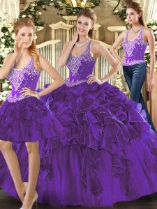 Fancy púrpura vestidos de bola correas sin mangas de tul longitud del piso de encaje hasta abalorios y volantes vestidos de quinceañera