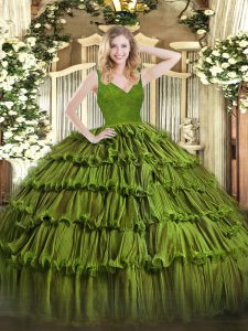 Encantadora cremallera de organza verde oliva dulce 16 vestido sin mangas hasta el suelo rebordear y capas con volantes