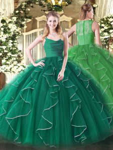 Nueva llegada pavo real verde organza con cremallera dulce 16 vestido de quinceañera sin mangas hasta el suelo volantes