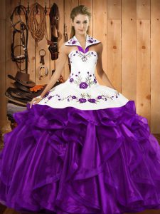 Dinámica púrpura 15 cumpleaños vestido de bola militar y dulce 16 y quinceañera con bordados y volantes halter top sin mangas con cordones