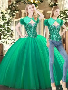 Vestidos de bola verde tul amor sin mangas abalorios piso longitud encaje hasta vestido de fiesta vestido de fiesta