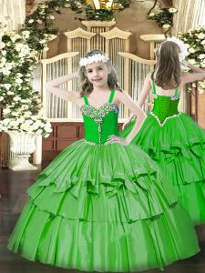 sin mangas hasta el suelo con cuentas y volantes capas ata para arriba el vestido del desfile de los niños con verde