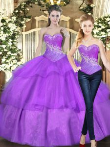 Coquetear piso de longitud vestidos de bola berenjena sin mangas púrpura 15 vestido de quinceañera con cordones