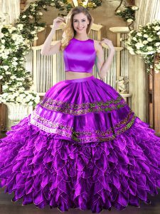 Largo del piso de lujo dos piezas sin mangas berenjena púrpura dulce 16 vestido cruzado