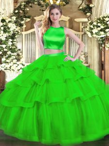 Glorioso capas con volantes dulce 16 vestido de quinceañera verde cruzado sin mangas largo del piso