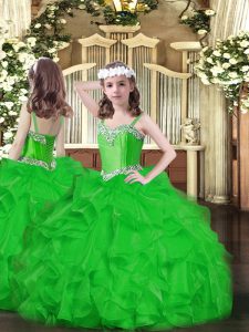 Maravillosas correas sin mangas vestido del desfile de las niñas al por mayor longitud del piso que rebordea y riza organza verde