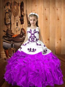 Vestidos de bola niñas vestidos de desfile berenjena correas púrpuras organza longitud del piso sin mangas con cordones