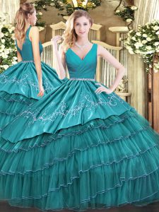 Encantador piso vestido de fiesta de color verde azulado vestido de fiesta con cuello en v sin mangas con cremallera
