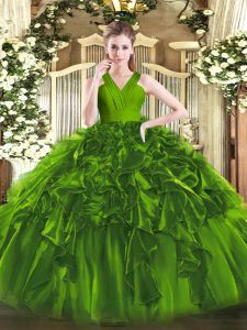 Vestido de bola verde oliva volantes vestido de fiesta vestido de fiesta cremallera organza longitud del piso sin mangas