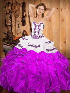 vestido de fiesta sin mangas sin tirantes vestido de fiesta hasta el suelo bordado y volantes púrpura satinado y organza