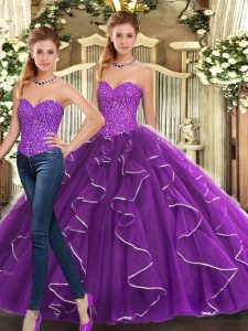 Fantástico corazón sin mangas con cordones quinceañera vestido berenjena organza púrpura